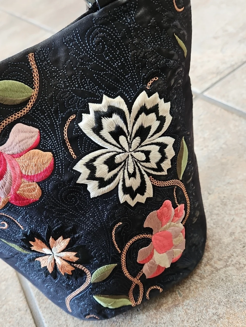 Talbots Black Floral Embroidered Tote Bag